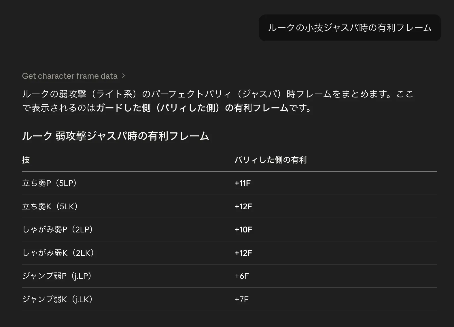 Claude で SF6 Sensei を使い、ルークの弱攻撃のジャストパリィ時の有利フレームを質問している例